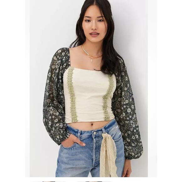 Anthropologie Forever that Girl Corset Style Puff Sleeve Top Botanical Print S - Picture 1 of 11